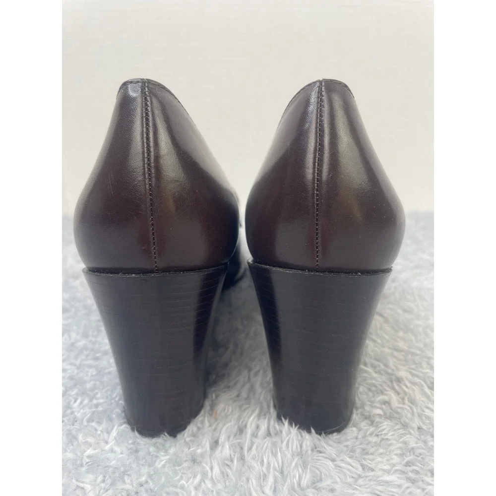 Nine West Ravon Loafers Women 8.5 Brown Leather Block‎ Heel Square Toe Brazil
